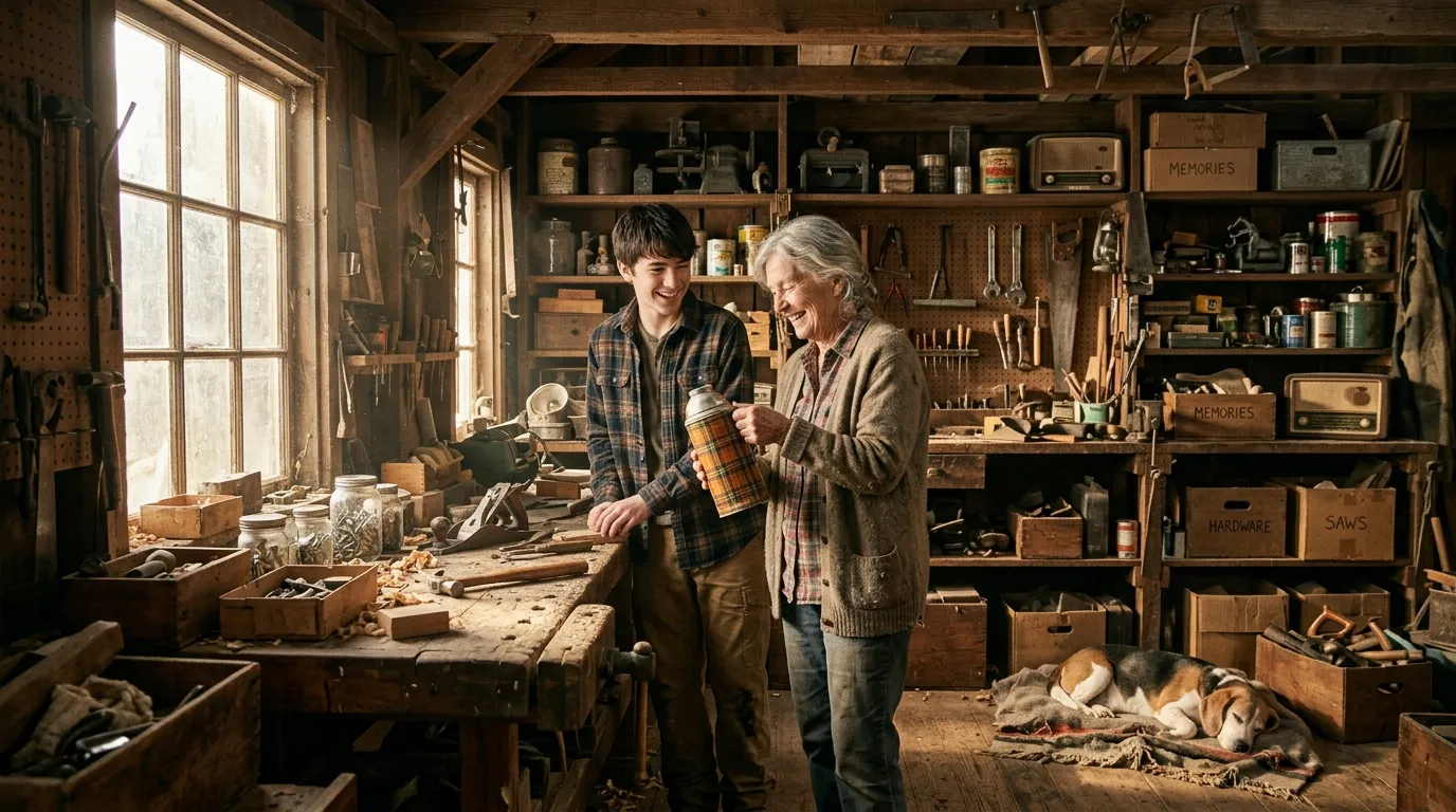 Elderly woman and a teenage boy organizing an old cluttered wooden workshop together with a beagle resting nearby