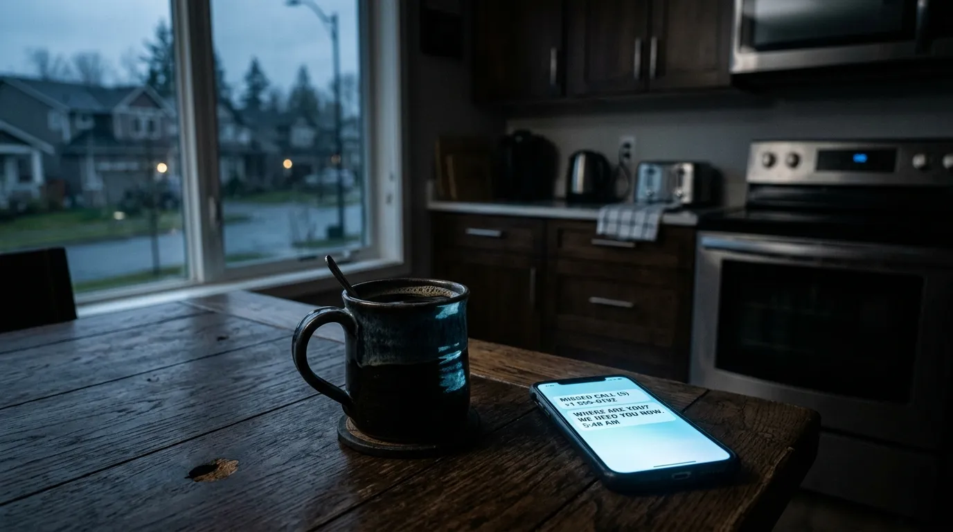 A cold cup of coffee next to a glowing smartphone on a kitchen table