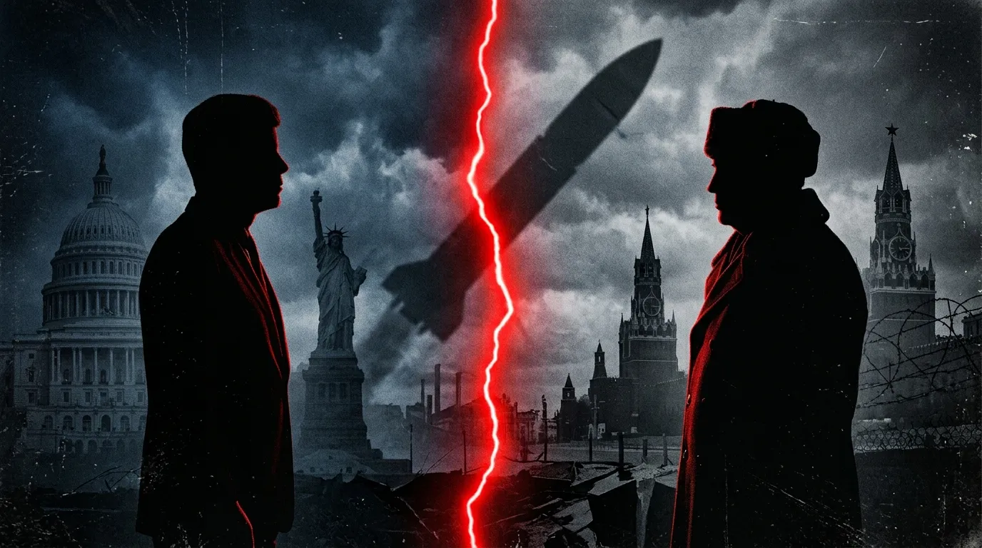 Abstract visualization of Cold War tension with silhouettes of American and Soviet leaders