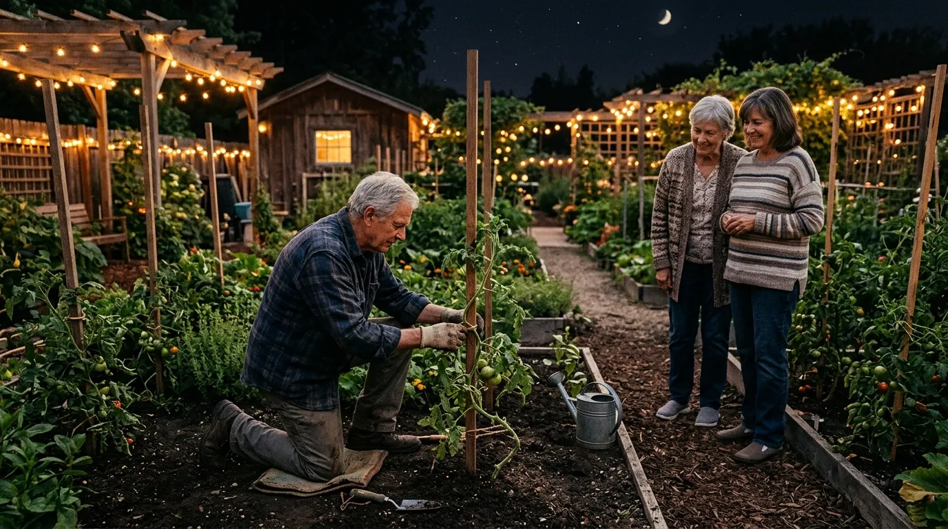 Man tying up a tomato plant in a garden at night while two women watch