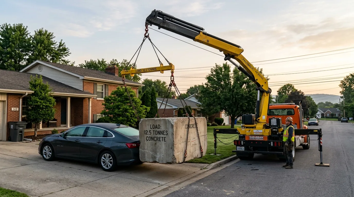 A crane lowering a massive concrete block behind a parked Chevy