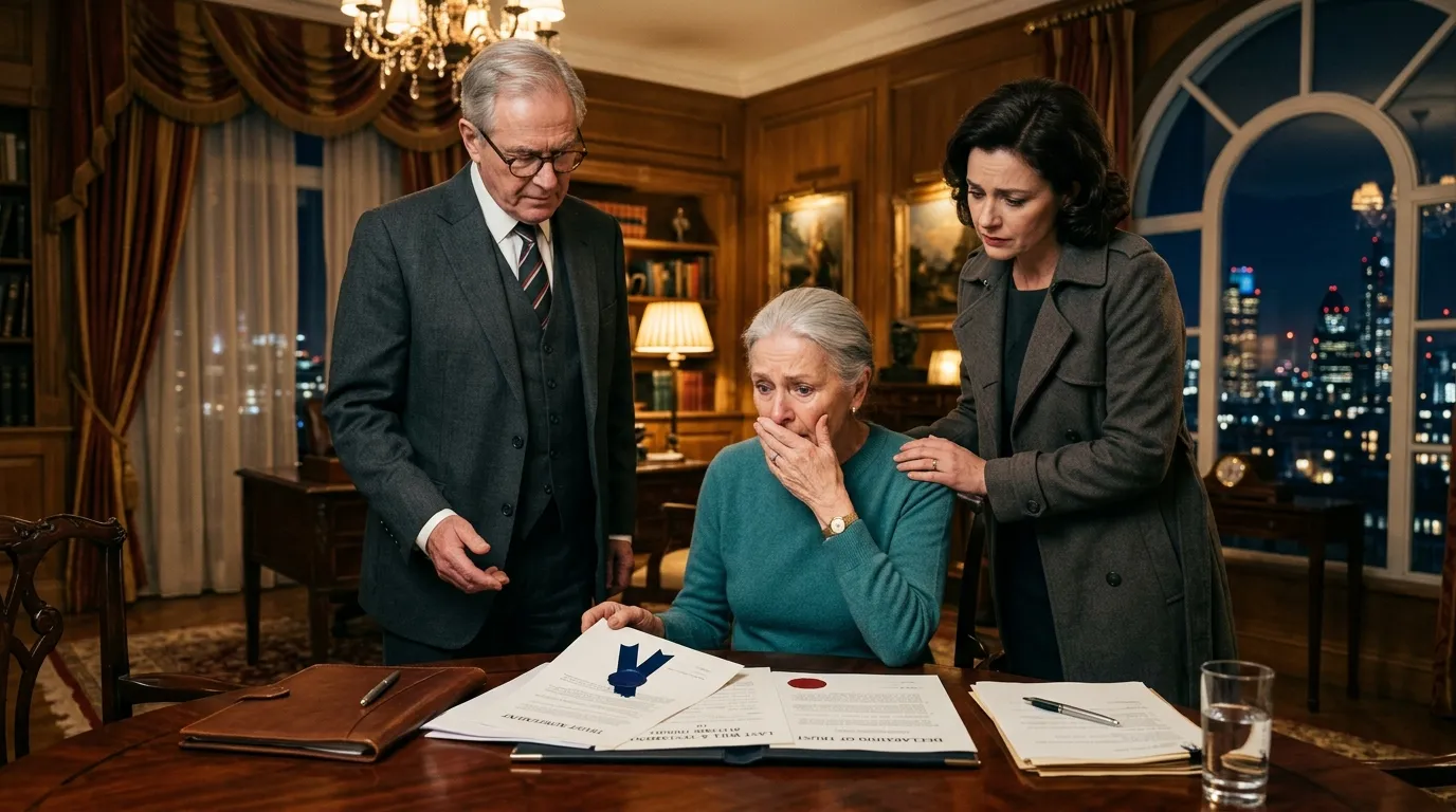 A ruthless son and his lawyers confronting a frail elderly father resting in a luxury bed