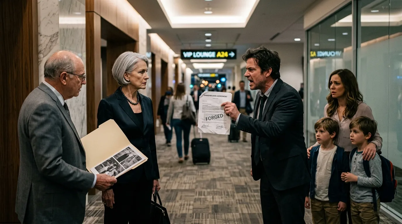 A wealthy mother and her attorney confront a businessman who protects his ex and twin sons in an airport corridor