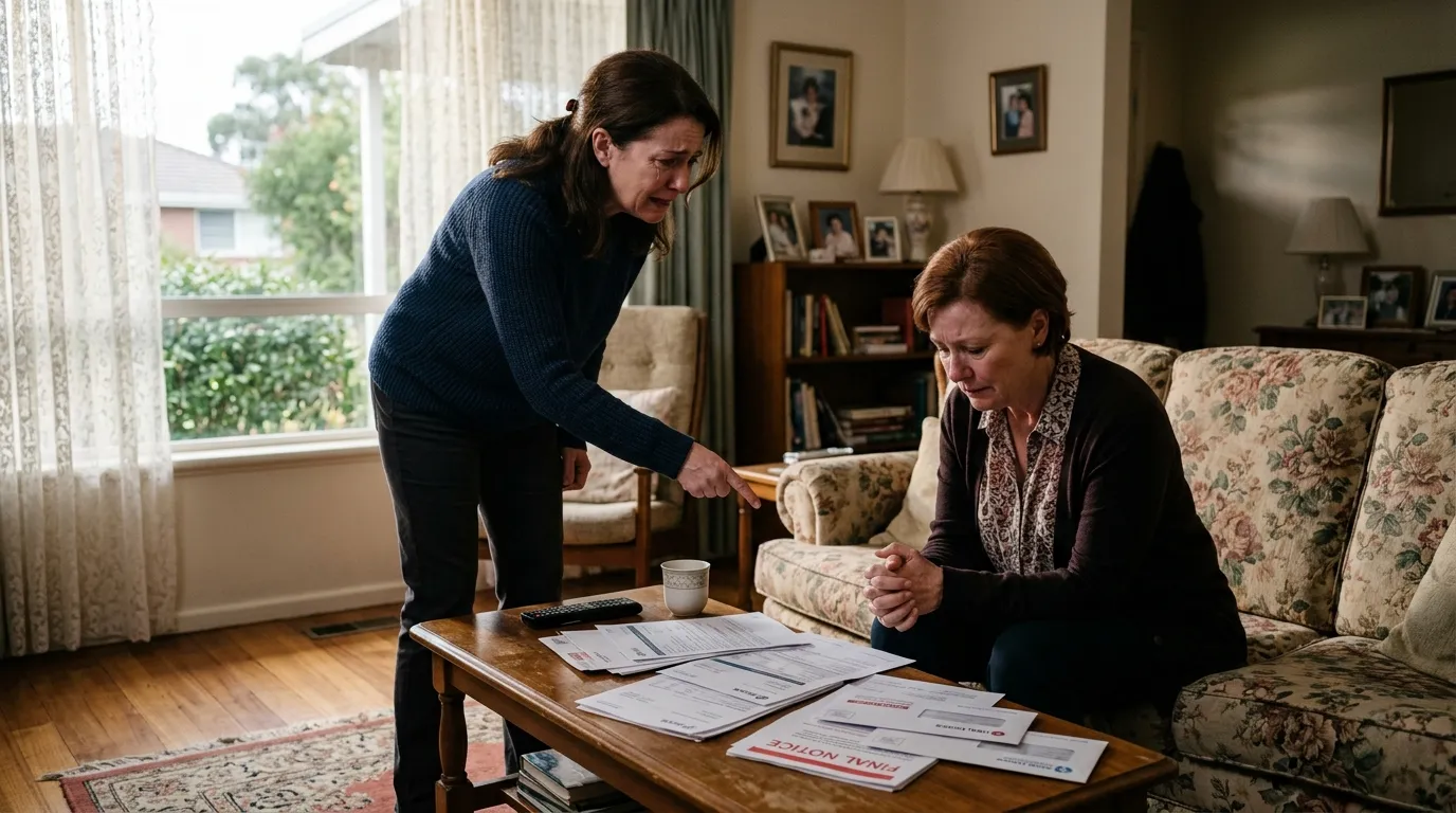 Laura confronting Rebecca across a living room table covered in legal documents and bank statements.