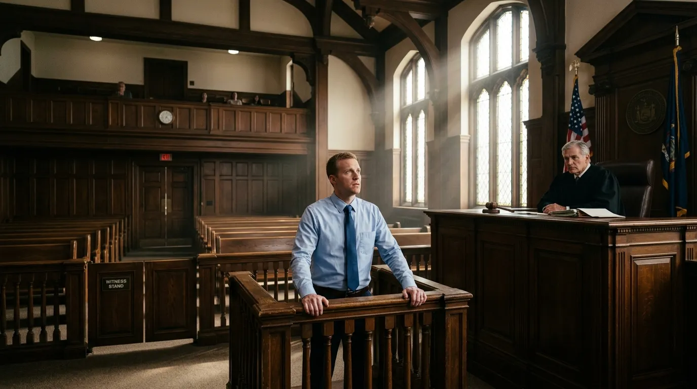 Carter standing at the witness stand in the courtroom