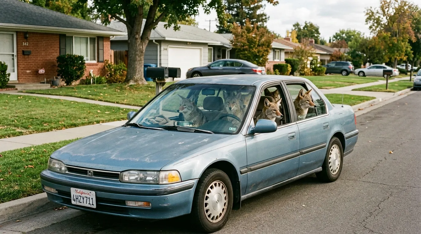 Five wild coyotes sitting comfortably inside a parked car