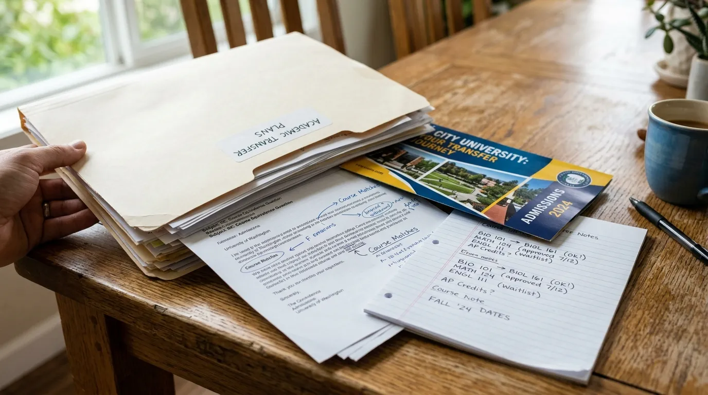 A thick cream folder spilling printed emails and college brochures onto a wooden dining table