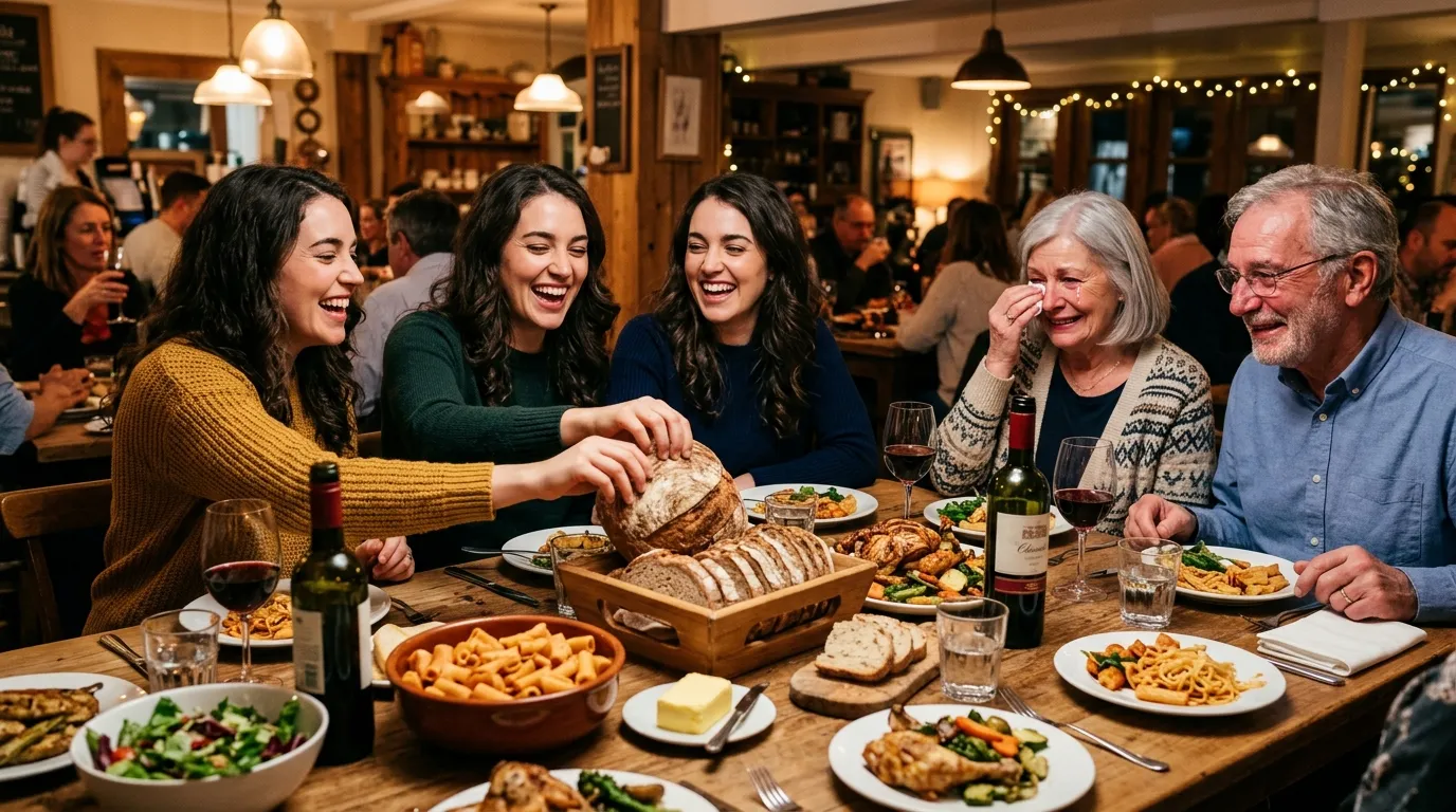 Three young women laughing at a crowded dinner table while an older couple watches warmly.