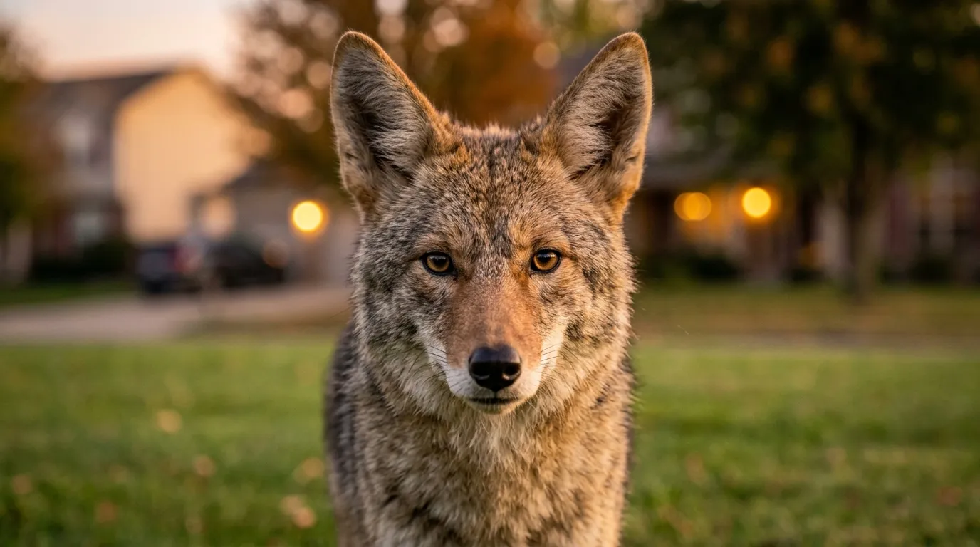Curious coyote standing on a suburban lawn at sunset