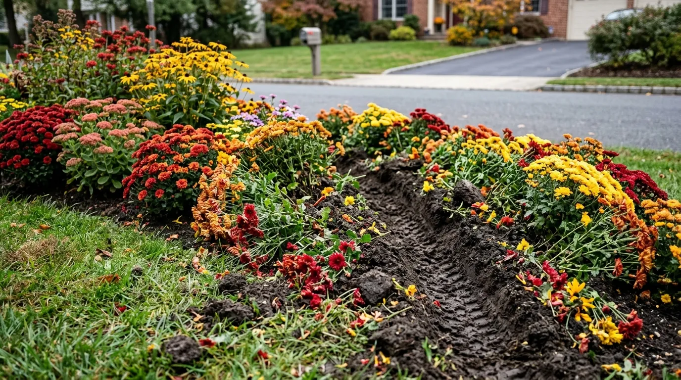 Motorcycle tire track plowing through a garden of red and yellow flowers
