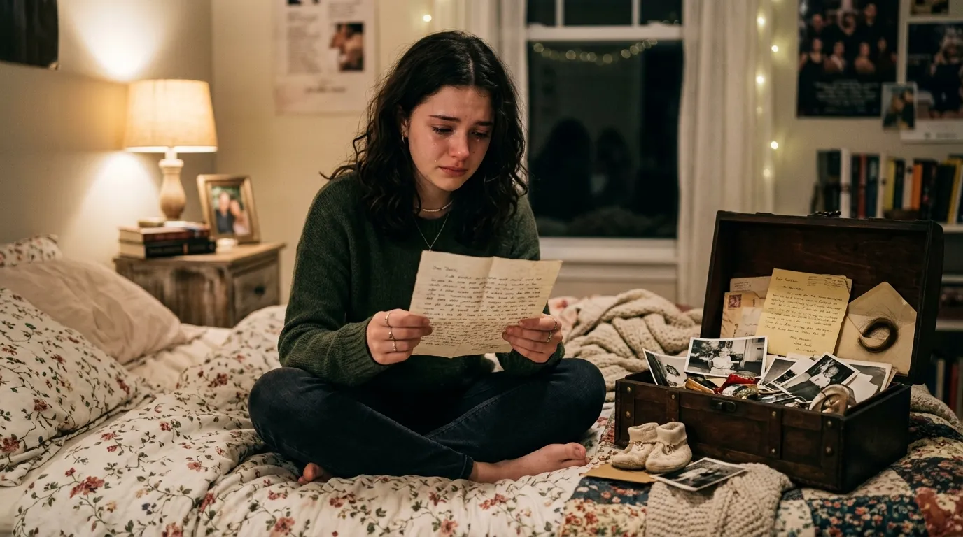 An eighteen-year-old girl sitting on her bed holding an unfolded handwritten letter, with an open wooden box beside her