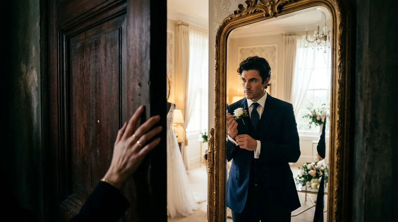 Woman peering through a door at her fiancé alive and in a wedding suit