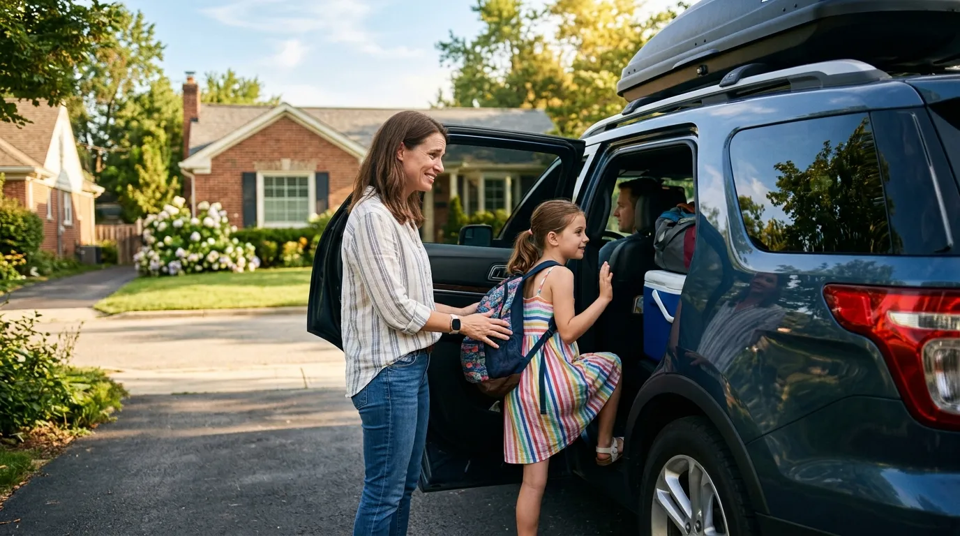 Mother watching her daughter leave for vacation in an SUV