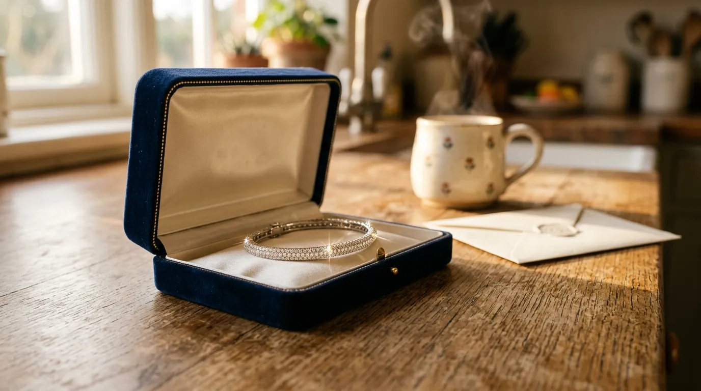 A delicate diamond bracelet in an open velvet jewelry box on a sunlit kitchen table