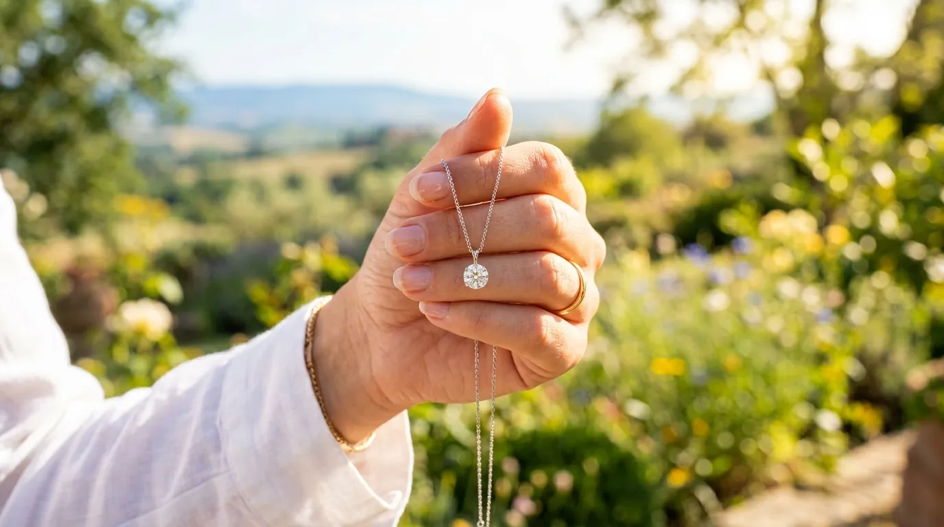 A close-up of a woman's hand holding a delicate, sparkling diamond pendant necklace