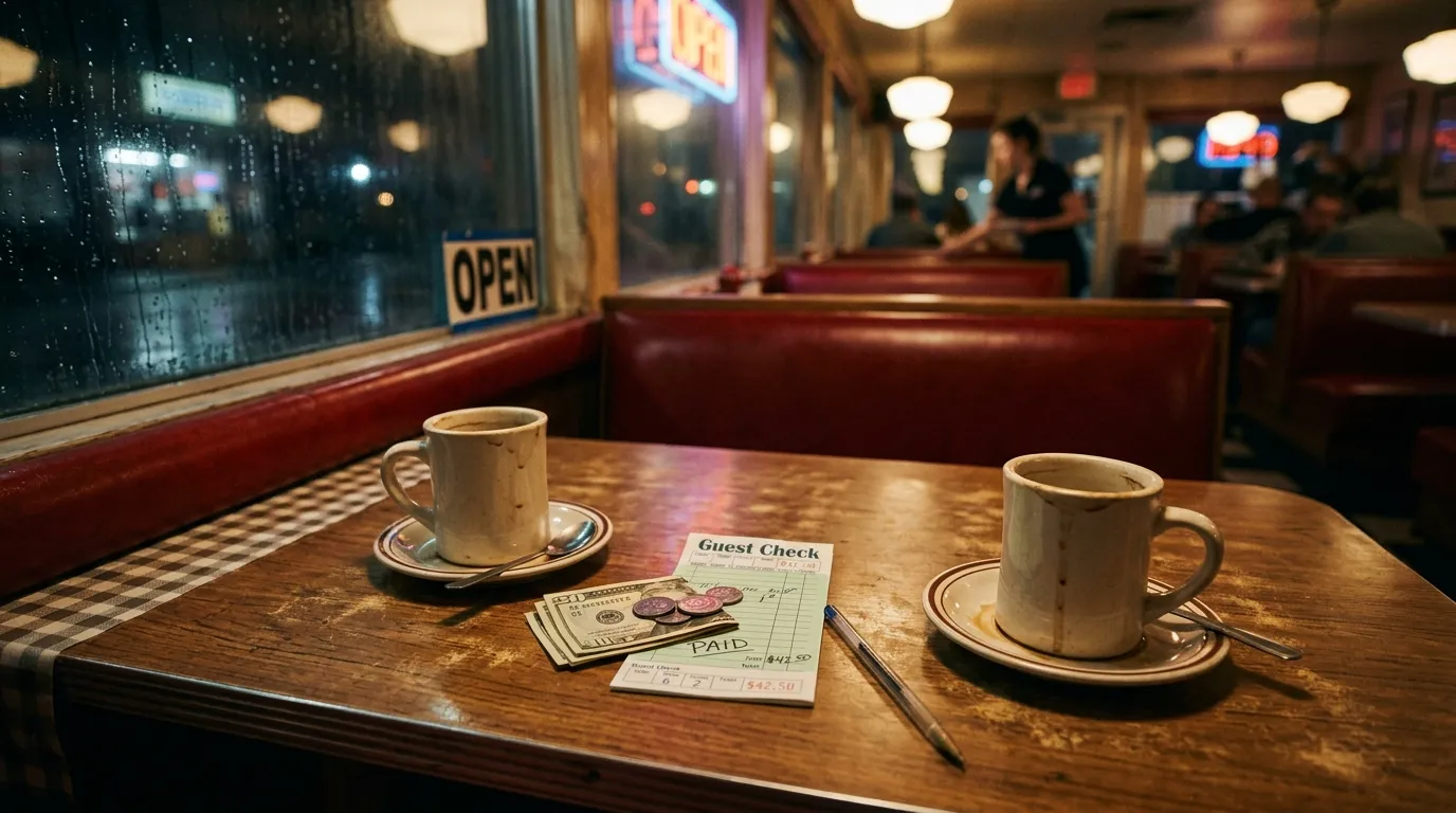 Two empty coffee cups on a diner table with a paid check sitting between them