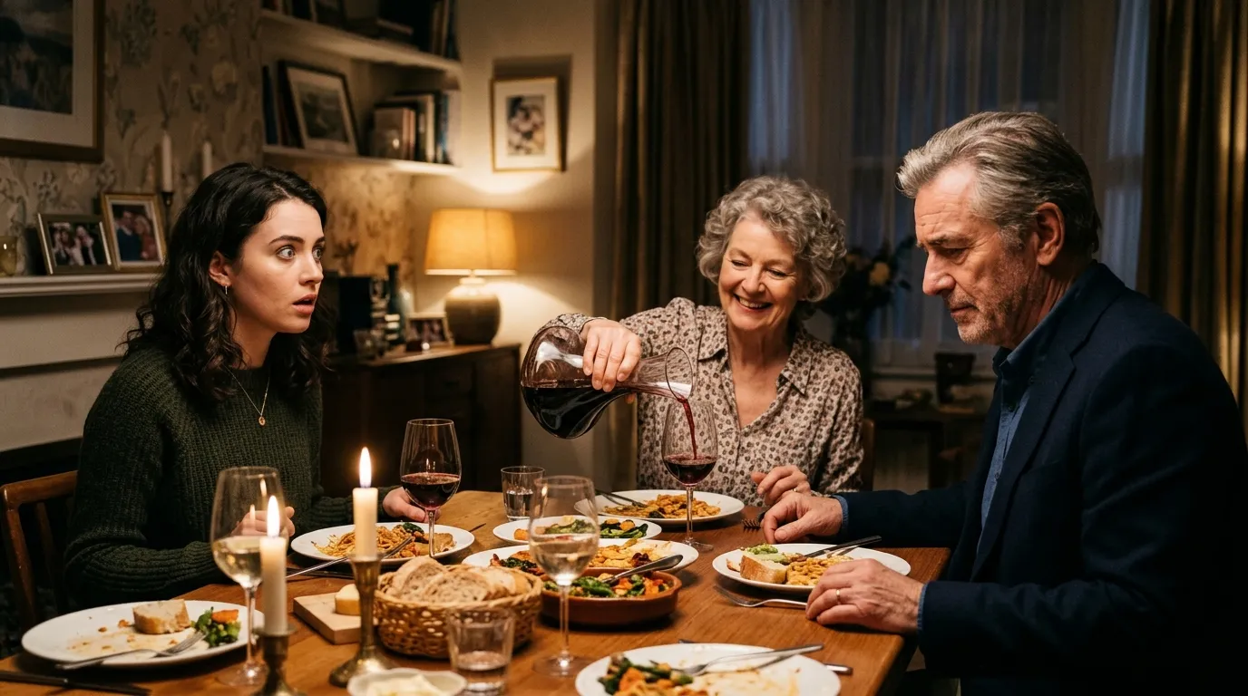 Tense dinner table scene with a younger woman looking shocked at an older man