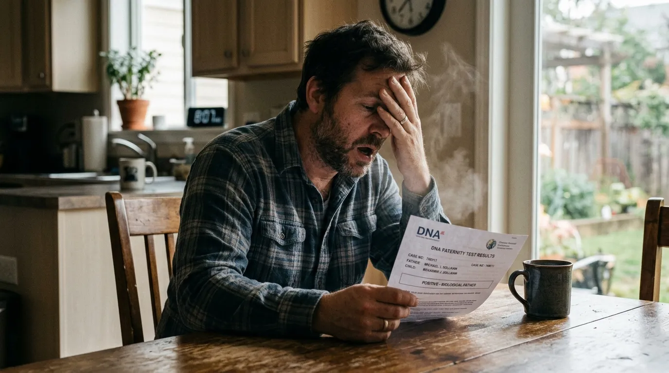 A father sitting at a table holding a DNA test result paper, covering his face in relief