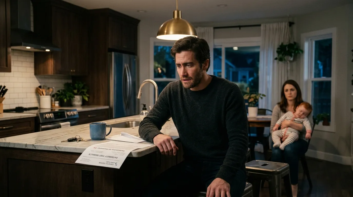 Man sitting at a kitchen table looking shocked at official DNA test results