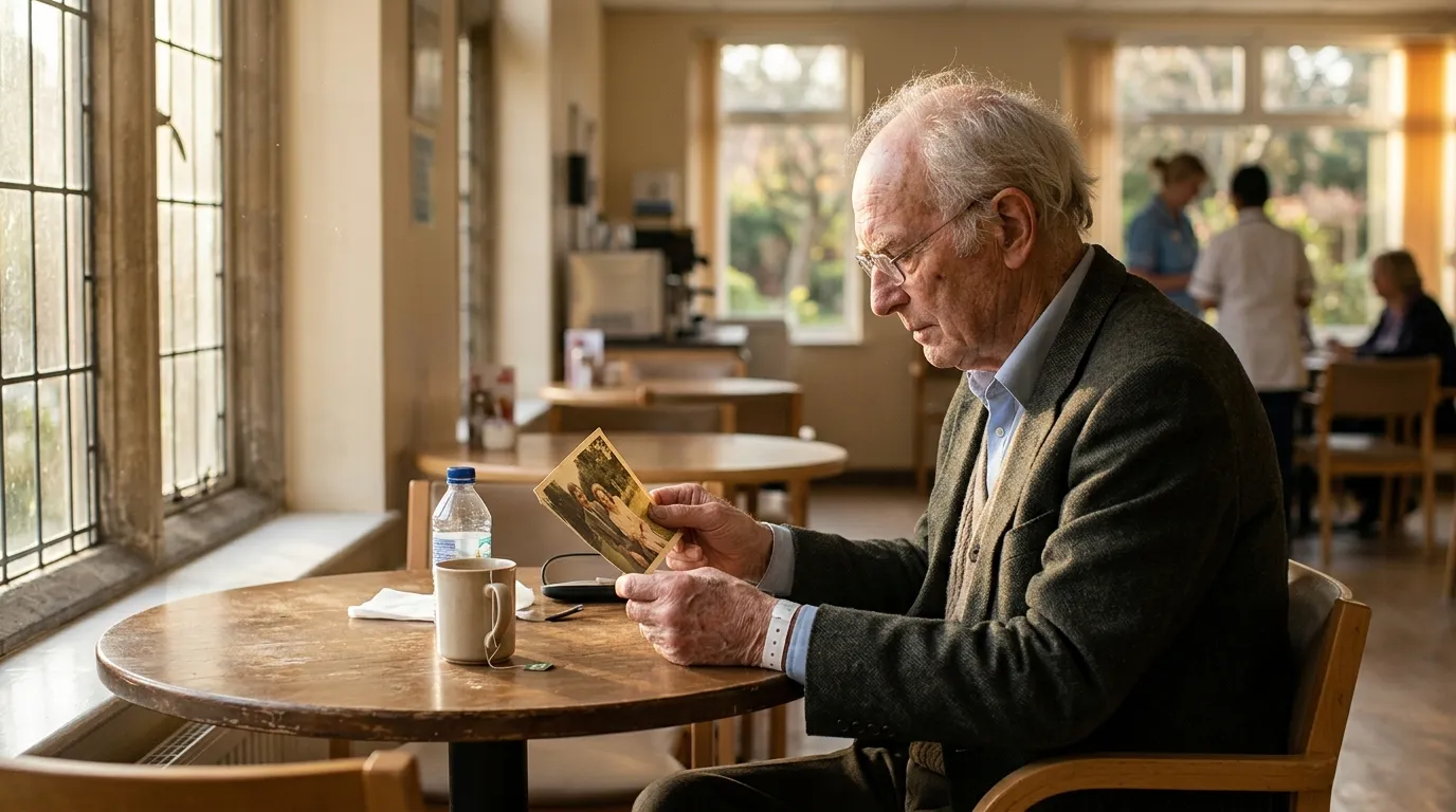 An elderly doctor sitting alone in a quiet hospital cafeteria