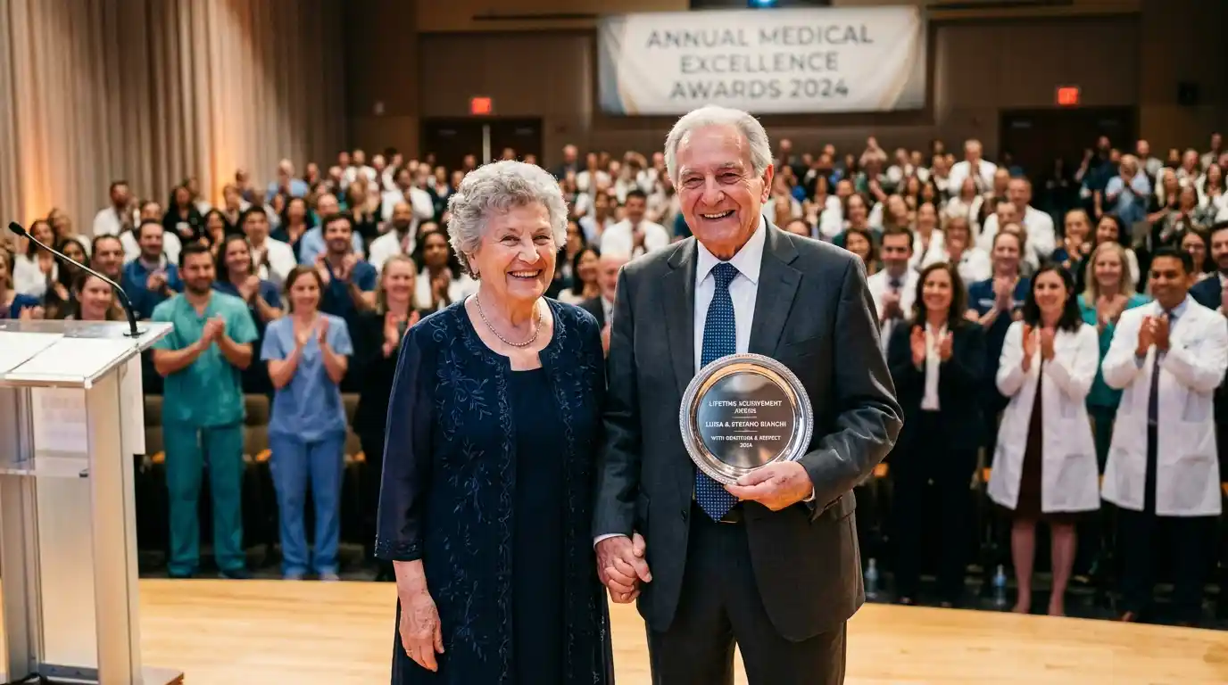 An elderly couple holding hands and smiling on stage while receiving a silver recognition plaque