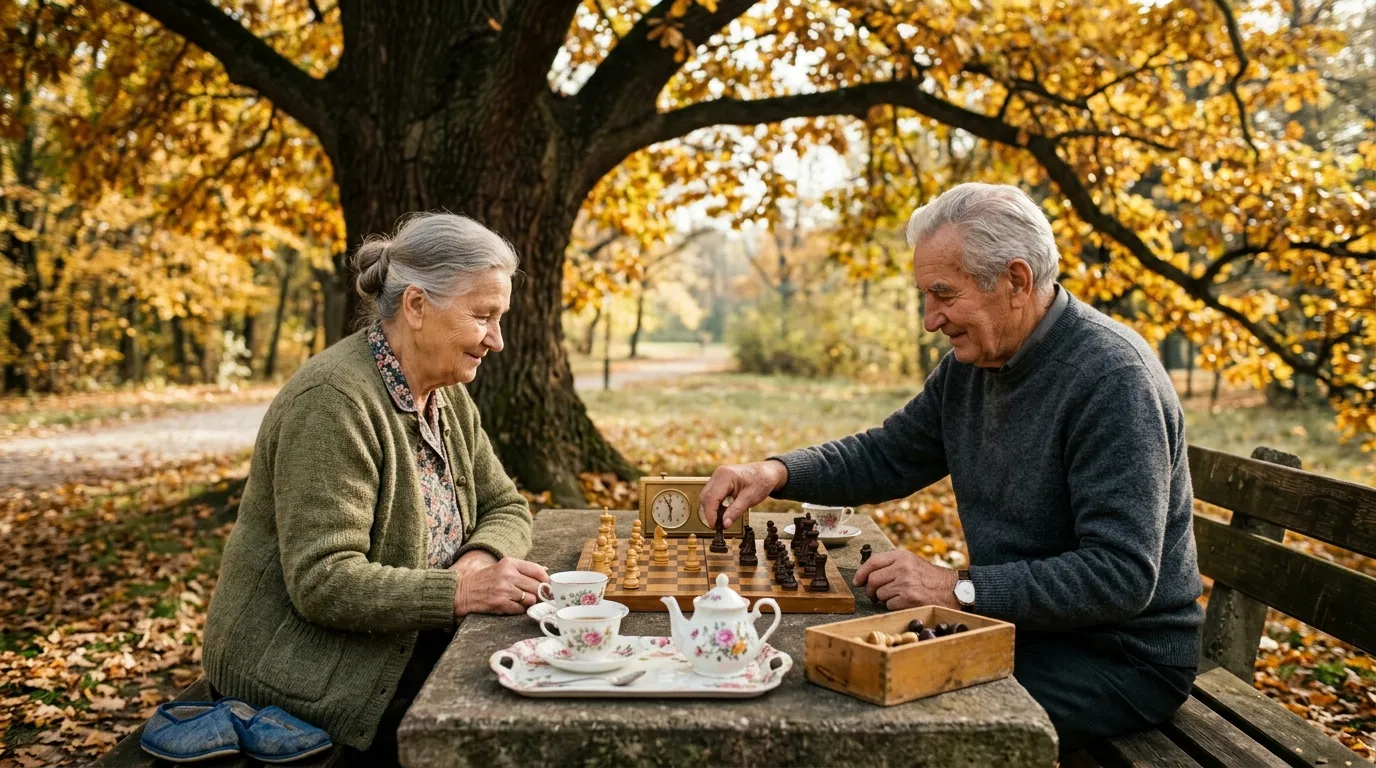 An elderly man and woman playing chess under an ancient oak tree in an autumn courtyard