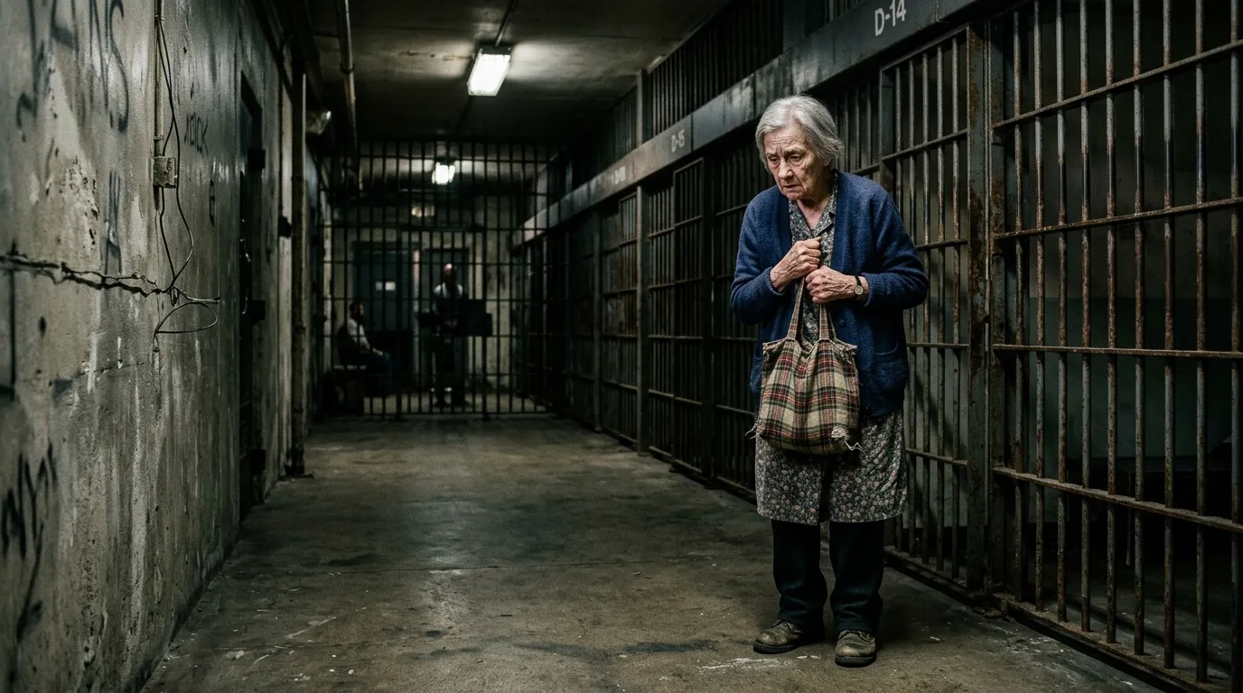 Frail 78-year-old woman arriving at prison holding a small bag