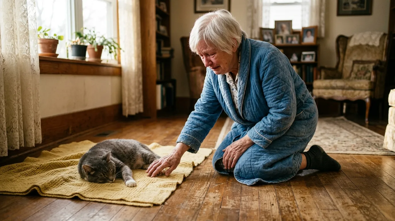 Elderly woman kneeling before a gray cat on a yellow blanket in a quiet room