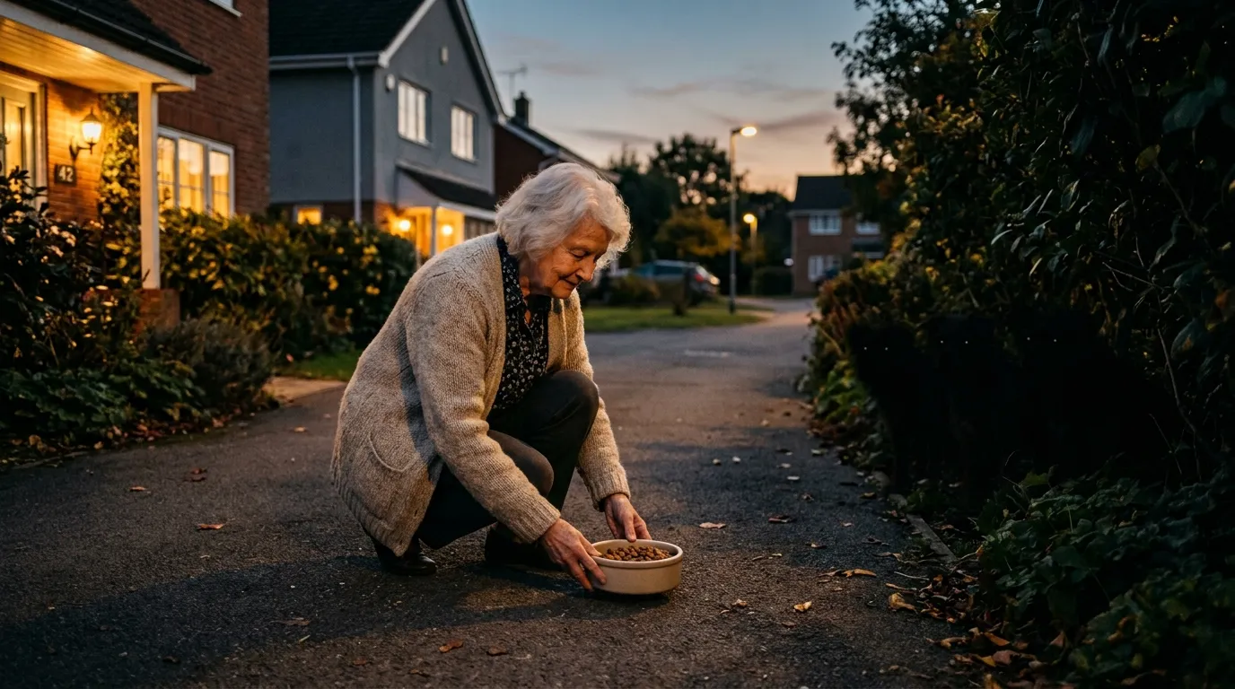 Elderly woman feeding scruffy animals at dusk