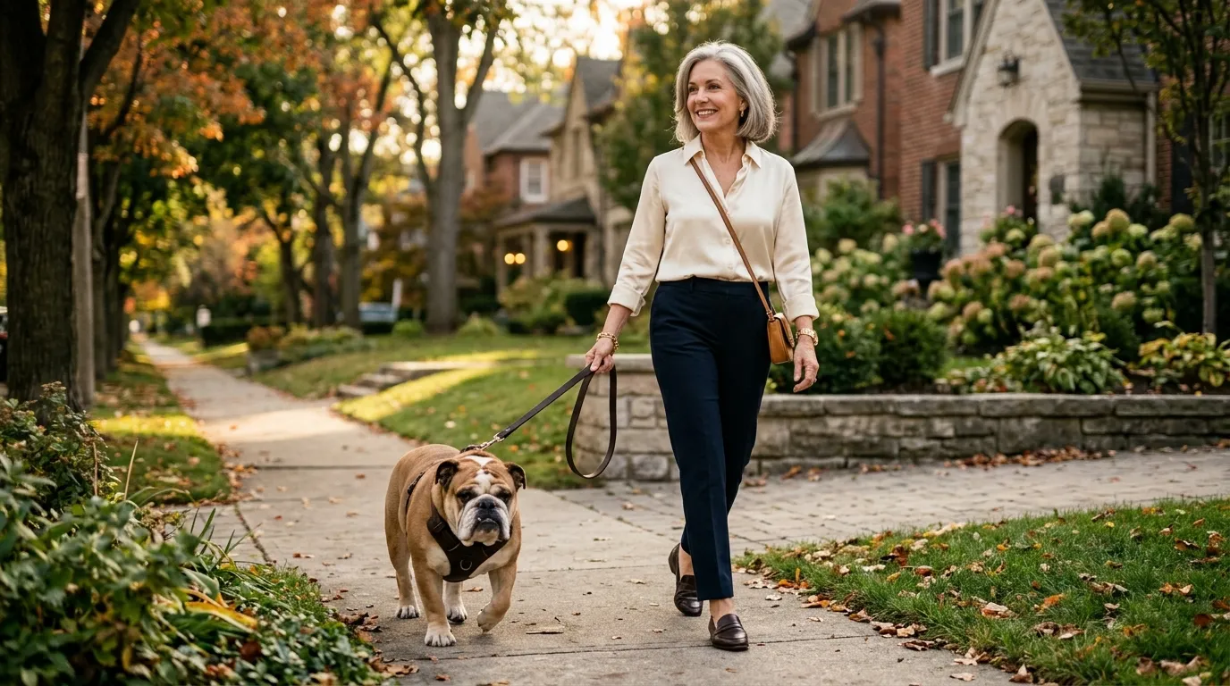 Elegant older woman walking a large, grumpy-looking English bulldog