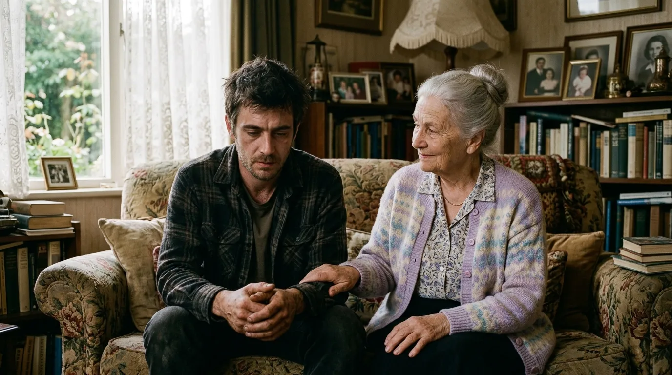 Nathan sitting next to Eleonora in a sunlit vintage living room