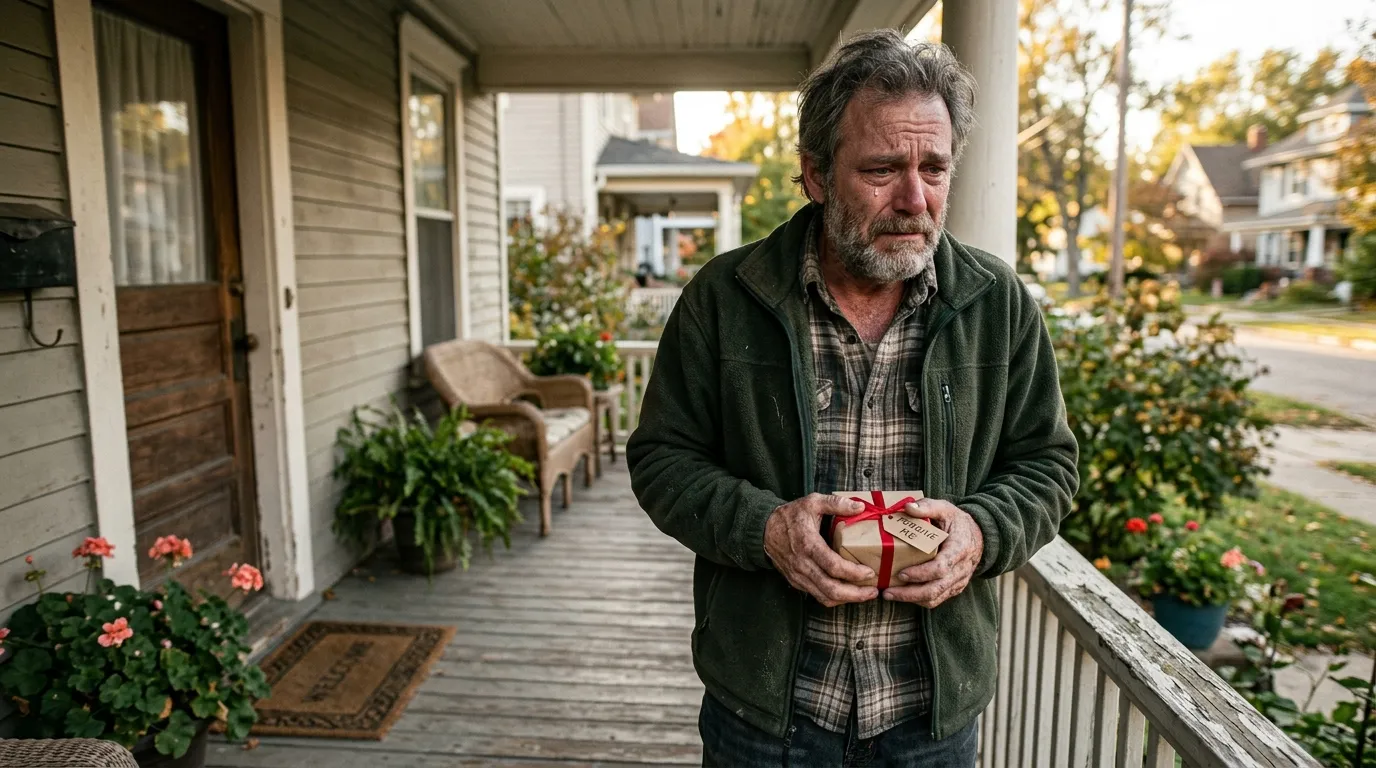 An older man standing on a front porch clutching a gift box with a remorseful look