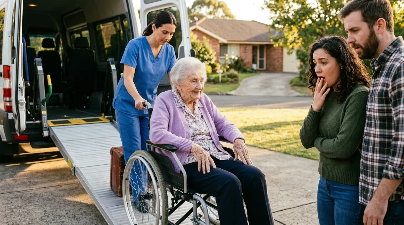 101-year-old Evelyn arriving in a wheelchair with an antique red suitcase strapped to the back