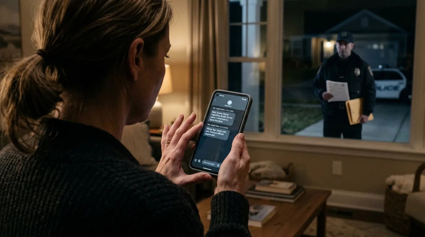 Close-up of a mother holding a smartphone displaying text message screenshots near a window