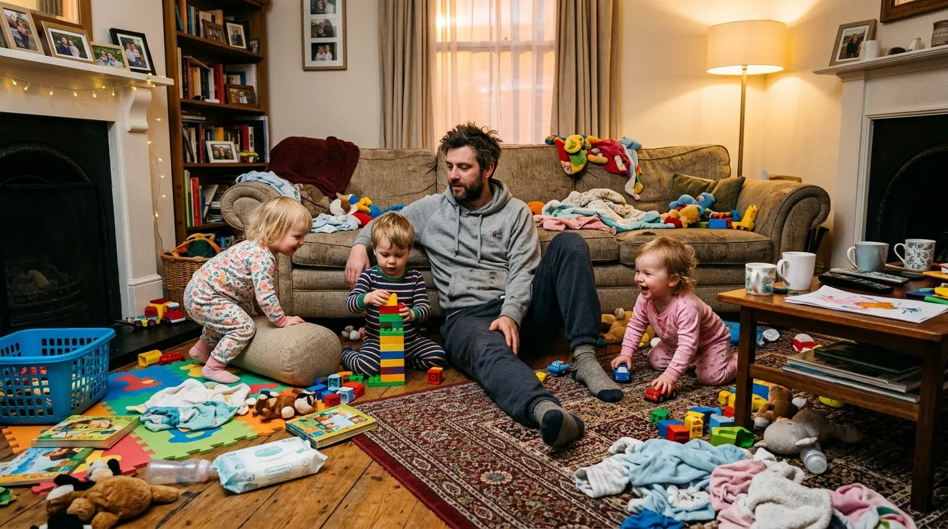An exhausted young man sitting on a messy apartment floor surrounded by three energetic toddlers