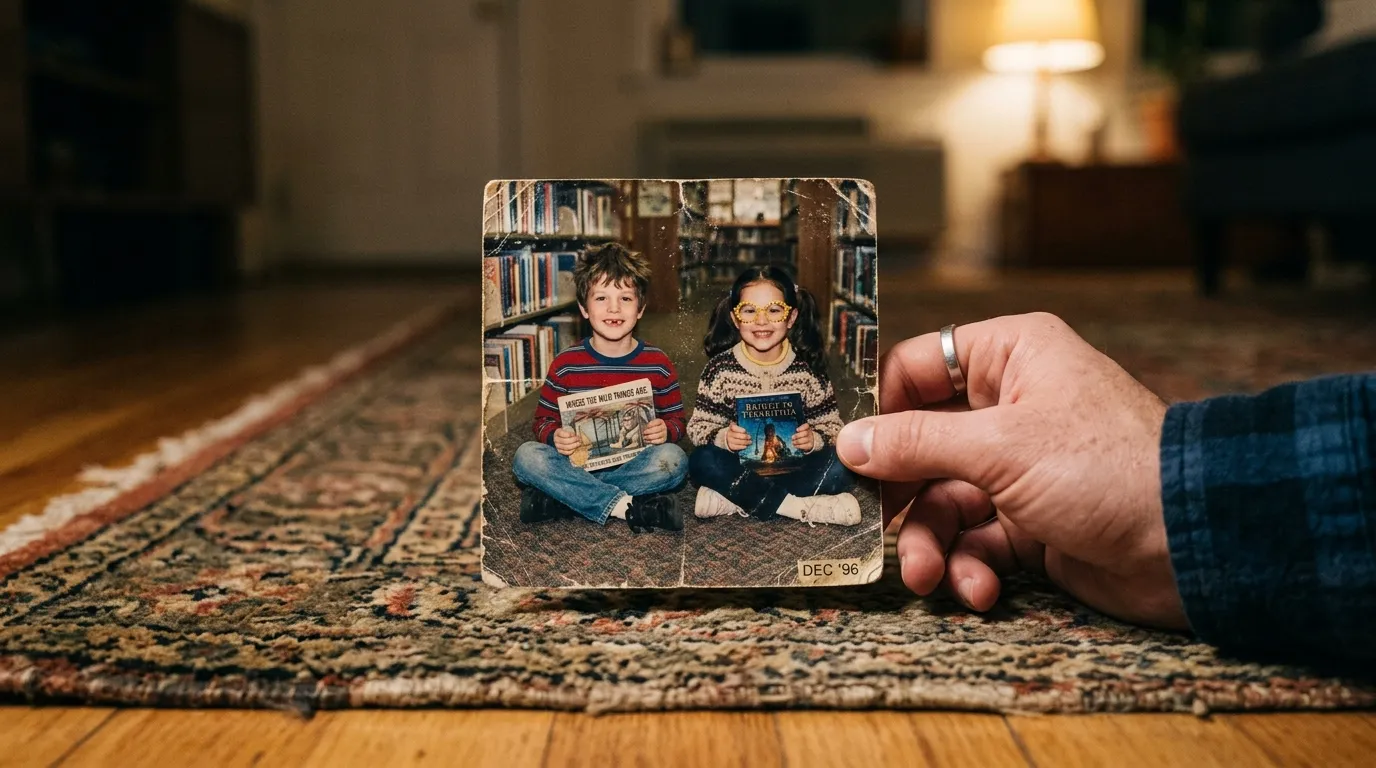 A vintage faded photograph showing two children reading books on a library floor.