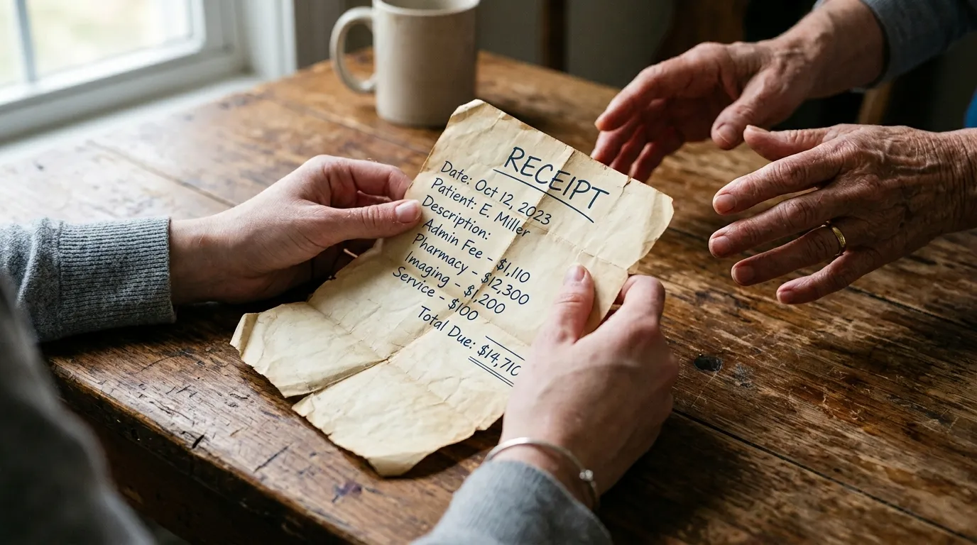 Chloe's hands placing a weathered hospital receipt on a kitchen table