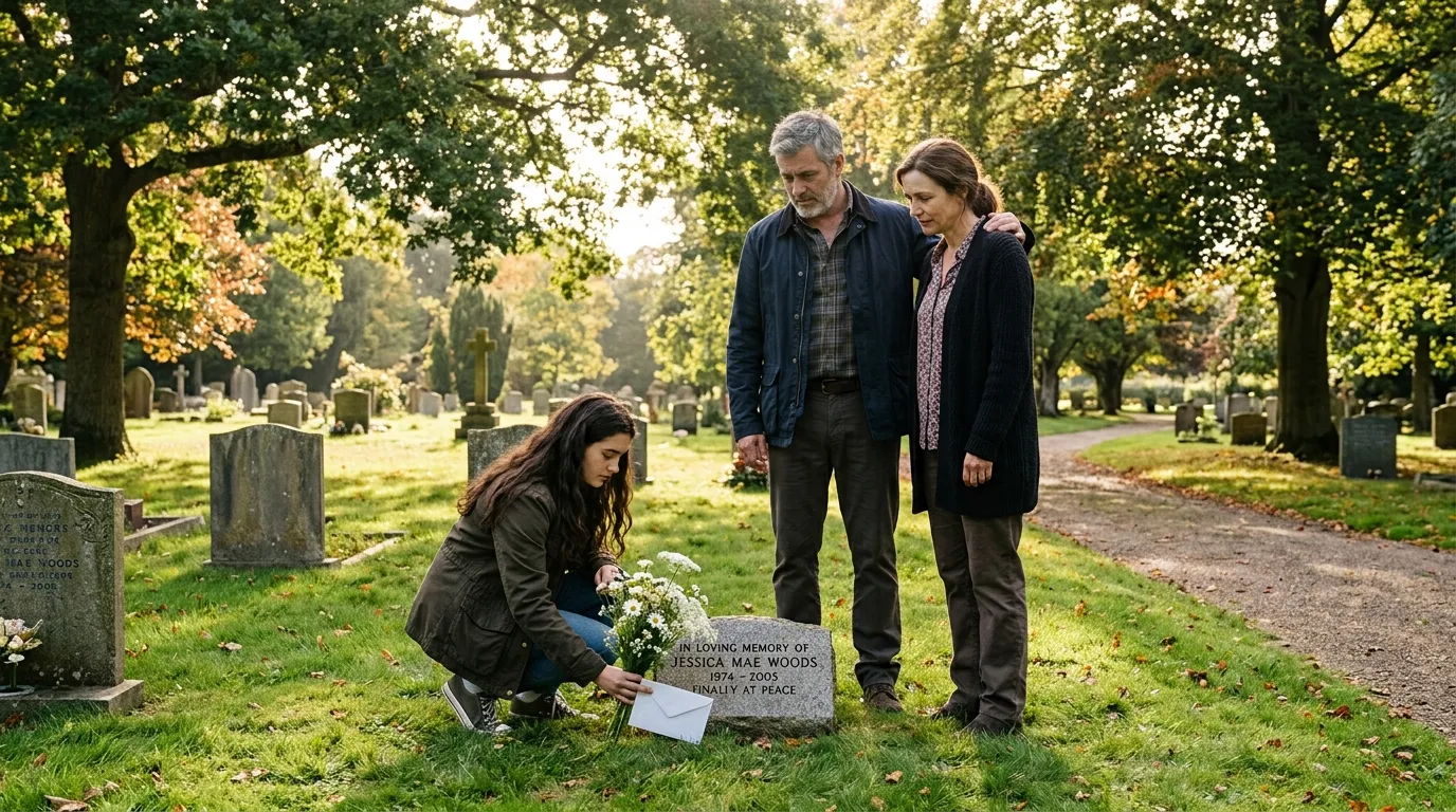 A family of three standing solemnly before a small infant headstone adorned with fresh flowers and a handwritten note in a quiet grassy cemetery