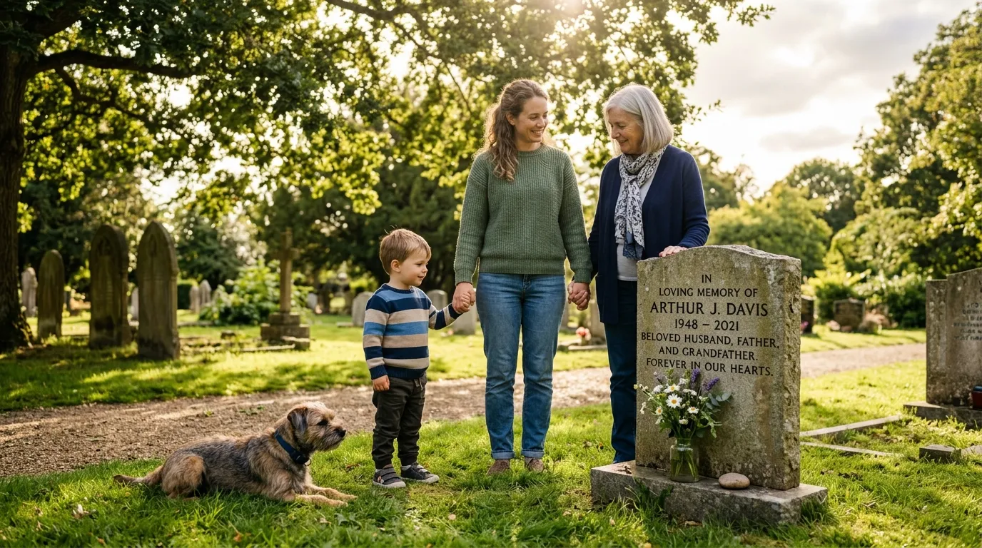 A grandmother, mother, and child holding hands at a cemetery with a dog beside them.