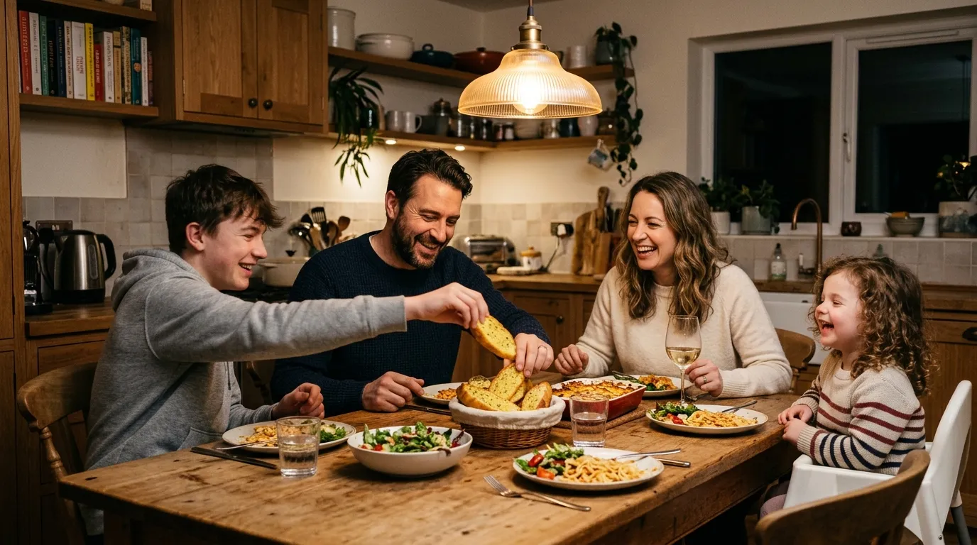 Happy family laughing together at a kitchen dinner table while the teenage son steals a piece of garlic bread
