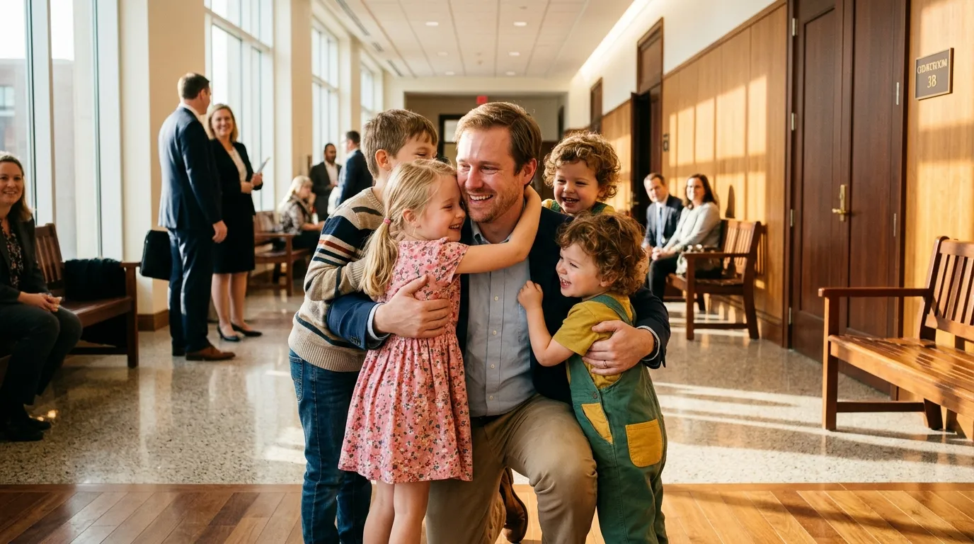 Carter hugging the children in the courtroom hallway