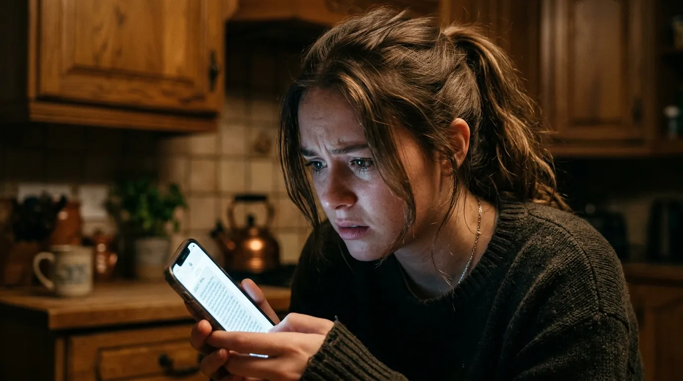 Jenna looking distressed at demanding messages on her smartphone screen