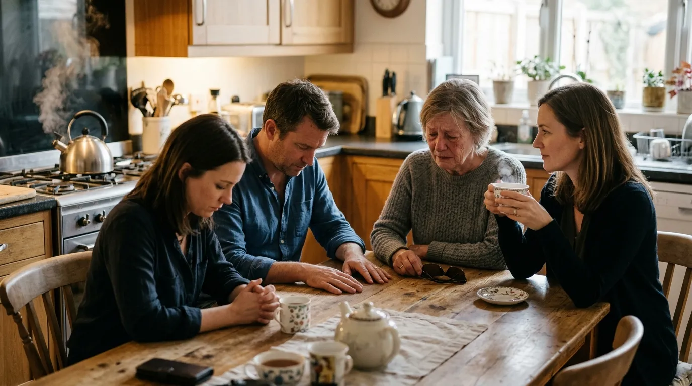 Claire, Mark, Diane, and Lisa seated around a kitchen table with tea mugs