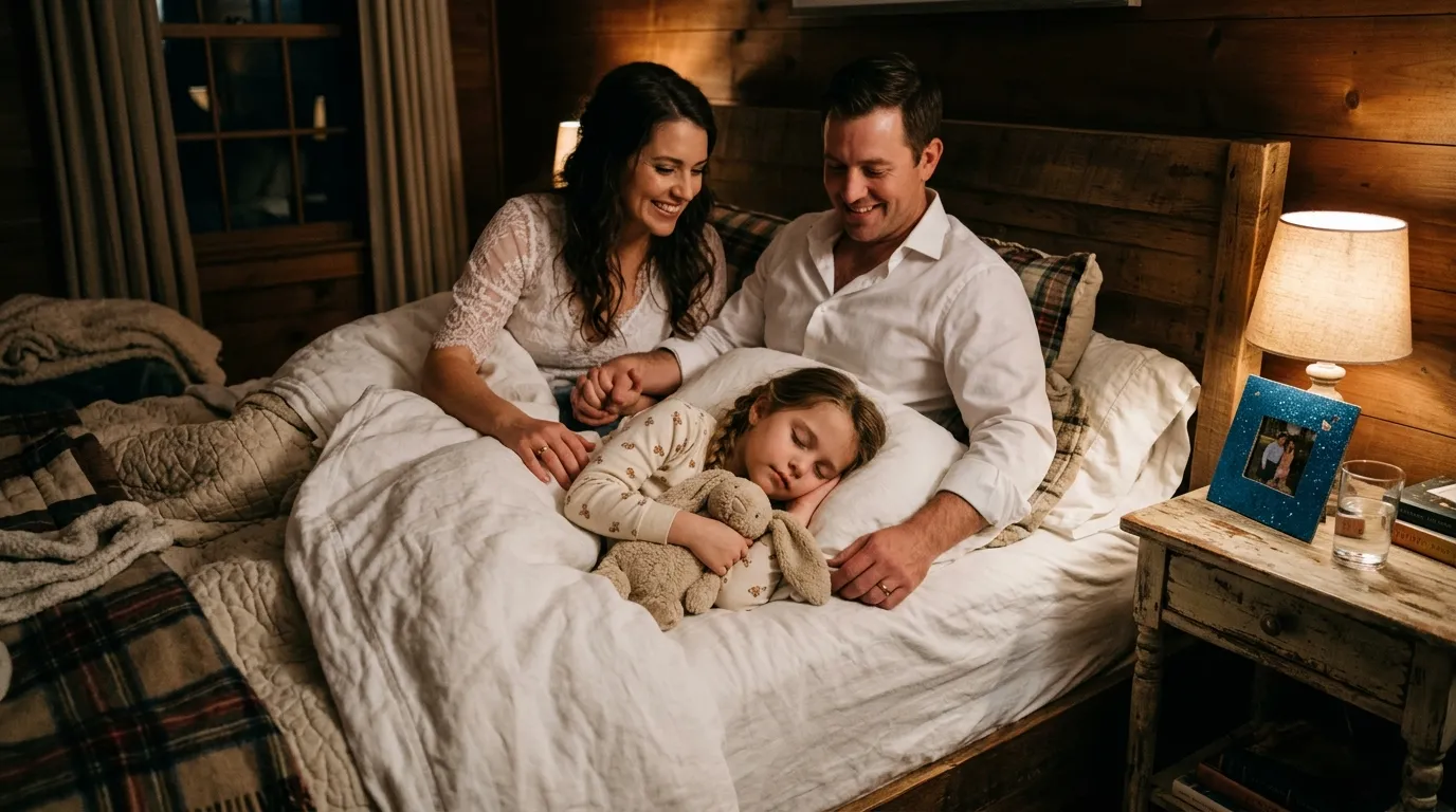Newlywed couple and their seven-year-old daughter sleeping peacefully together in a cozy hotel bed