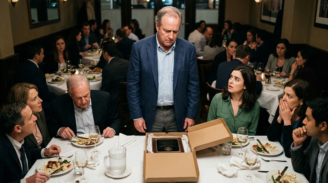 A man looking shocked and trapped as he opens a large farewell box at a corporate event while coworkers watch in silence