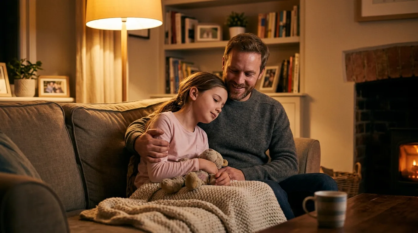 A silhouette of a father and his 10-year-old daughter sitting together on a comfortable couch at night