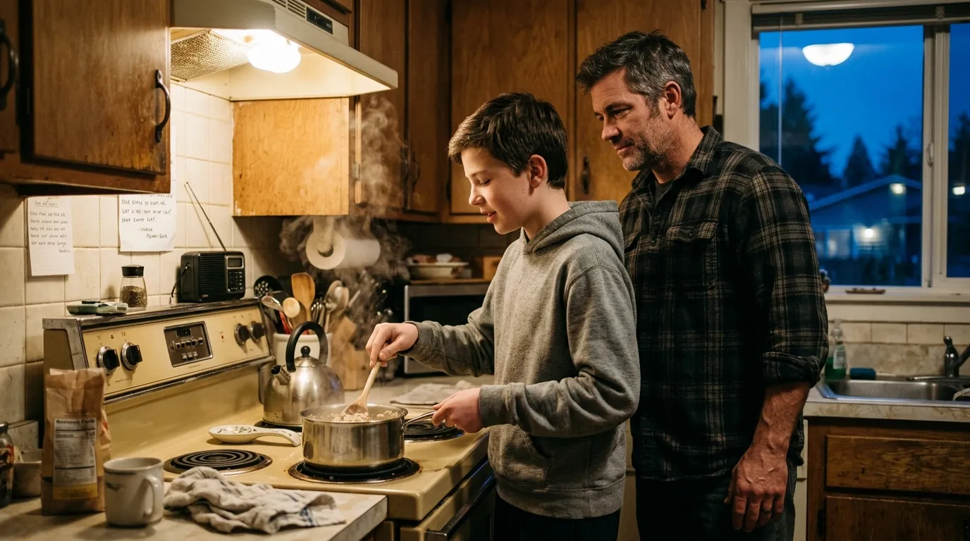 A father and teenage son quietly cooking oatmeal together in an early morning kitchen