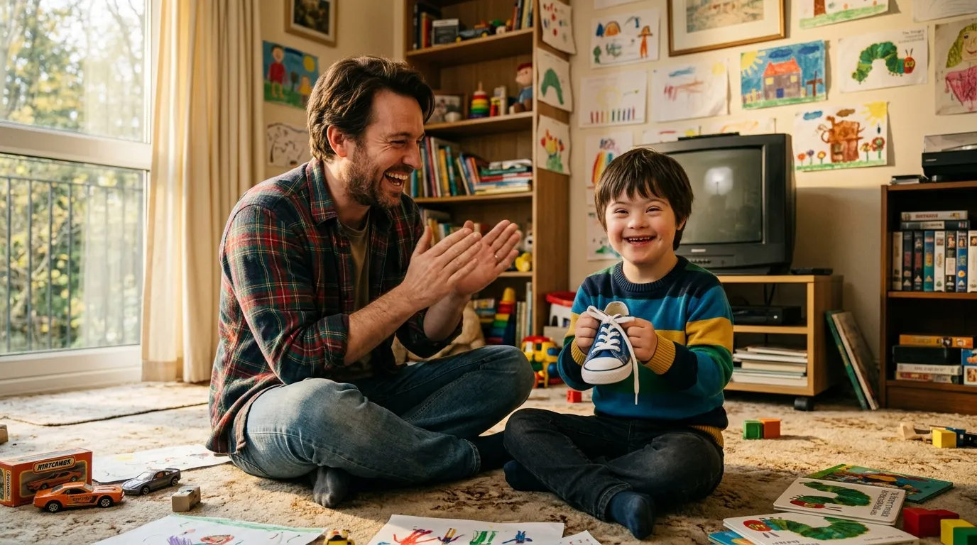 A father and his young son with Down syndrome celebrating tying shoes on the living room rug