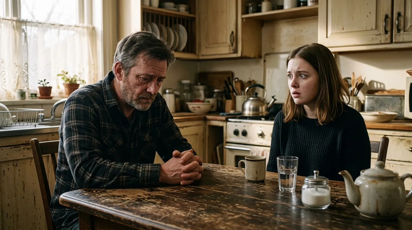 Jenna and her estranged father talking across an aged wooden kitchen table