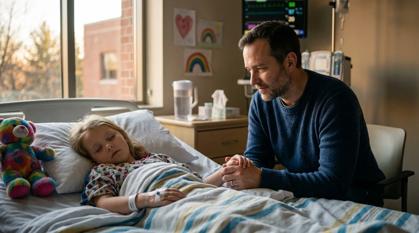 A father gently holding his young daughter's hand in a hospital bed